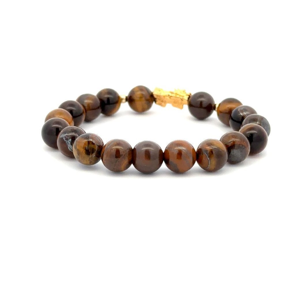 18K Gold Dragon Pixiu Piyao Lucky Charm Bead Bracelet Gemstones Tiger's Eye 8mm - Picture 3 of 8